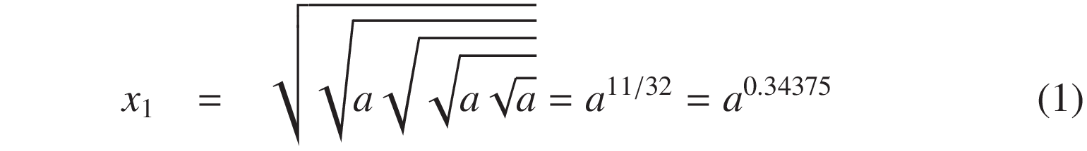
x_0 &=&  \sqrt{ \sqrt{a  \sqrt{ \sqrt{a  \sqrt{a} } } } } = a^{11/32} = a^{0.34375}
