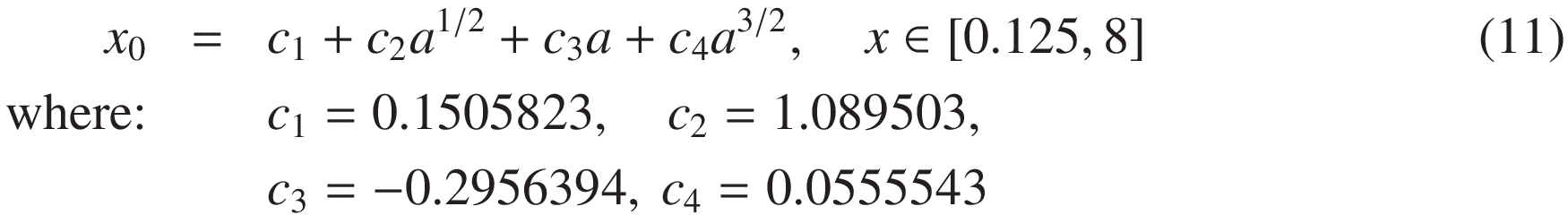
x_0 &=&  c_1 + c_2 a^{1/2} + c_3 a + c_4 a^{3/2}, \quad x \in  [0.125, 4] &\\
\text{where:}&& c_1= 0.1505823,\quad  c_2 = 1.089503,\\
&&  c_3 = - 0.2956394,\  c_4 = 0.0555543
