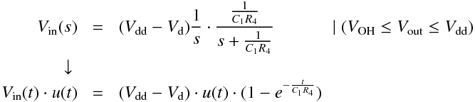 \begin{aligndat}
V_\mathrm{in}(s) &=& (V_\mathrm{dd} - V_\mathrm{d}) \frac{1}{s} \cdot \frac{\frac{1}{C_1 R_4}}{s + \frac{1}{C_1 R_4}}  \hspace{36pt}\mid (V_\mathrm{OH}  \leq V_\mathrm{out} \leq V_\mathrm{dd} )\\
 \downarrow \\
V_\mathrm{in}(t) \cdot u(t) &=& (V_\mathrm{dd} - V_\mathrm{d}) \cdot u(t) \cdot (1 - e ^{-\frac{t}{C_1 R_4}}) 
\end{aligndat}