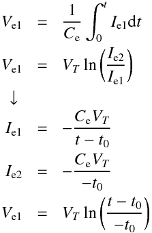 \begin{aligndat}
V_\mathrm{e1} &=& \frac{1}{C_\mathrm{e}} \int_0^t I_\mathrm{e1} \mathrm{d}t\\
V_\mathrm{e1} &=& V_T \ln\bigg(\frac{I_\mathrm{e2}}{I_\mathrm{e1}}\bigg)\\
\downarrow\\ 
I_\mathrm{e1} &=& -\frac{C_\mathrm{e} V_T}{t - t_0}\\
I_\mathrm{e2} &=& -\frac{C_\mathrm{e} V_T}{ - t_0}\\
V_\mathrm{e1} &=&  V_T \ln \bigg(\frac{t - t_0}{-t_0}\bigg)
\end{aligndat}
