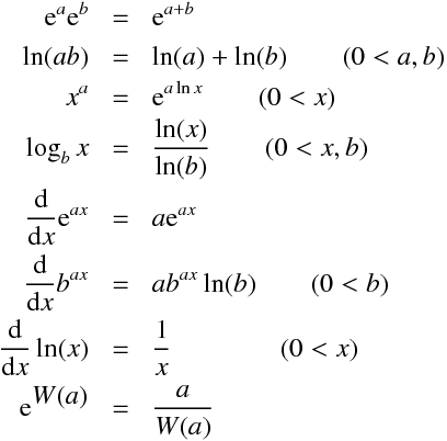 \begin{aligndat}
\mathrm{e}^a \mathrm{e}^b &=& \mathrm{e}^{a + b} \\
\ln (a b) &=& \ln (a) + \ln (b)  \qquad ( 0  <  a, b ) \\
x^a &=& \mathrm{e}^ {a \ln x} \qquad (0  <  x ) \\
\log_b x &=& \frac{\ln (x)}{\ln (b)} \qquad  (0  <  x,  b )\\
\frac{\mathrm{d}}{\mathrm{d}x} \mathrm{e}^{ax} &=& a \mathrm{e}^{ax} \\
\frac{\mathrm{d}}{\mathrm{d}x} b^{ax} &=& a b^{ax} \ln (b) \qquad (0  <  b )\\
\frac{\mathrm{d}}{\mathrm{d}x}\ln (x) &=& \frac{1}{x} \qquad \qquad (0 < x)\\
\mathrm{e}^\displaystyle{W(a)} &=& \frac{a}{W(a)}
\end{aligndat}