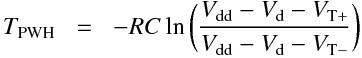 \begin{aligndat}
T_\mathrm{pwh} &=& - R C \ln\bigg(\frac{V_\mathrm{dd} - V_\mathrm{d} - V_\mathrm{T+}}{V_\mathrm{dd} - V_\mathrm{d} - V_\mathrm{T-}}\bigg)\\ 
      & \approx & - 56 \mathrm{\,k\Omega} \times 1.2\mathrm{\,nF } \times \ln\bigg(\frac{3\mathrm{\,V}  - 0.616\mathrm{\,V} - 1.61\mathrm{\,V}}{3\mathrm{\,V} - 0.616\mathrm{\,V} - 1.09\mathrm{\,V}}\bigg)\\
      & \approx & 34.5 \mathrm{\,\mu s}
\end{aligndat}