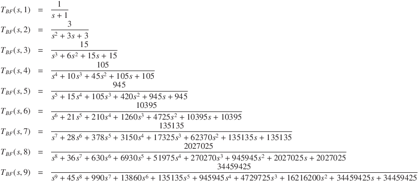 
\mathrm{TBF}(s,1)&=&\frac{1}{s+1}\\
\mathrm{TBF}(s,2)&=&\frac{3}{s^2+3s+3}\\
\mathrm{TBF}(s,3)&=&\frac{15}{s^3+6s^2+15s+15}\\
\mathrm{TBF}(s,4)&=&\frac{105}{s^4+10s^3+45s^2+105s+105}\\
\mathrm{TBF}(s,5)&=&\frac{945}{s^5+15s^4+105s^3+420s^2+945s+945}\\
\mathrm{TBF}(s,6)&=&\frac{10395}{s^6+21s^5+210s^4+1260s^3+4725s^2+10395s+10395}\\
\mathrm{TBF}(s,7)&=&\frac{135135}{s^7+28s^6+378s^5+3150s^4+17325s^3+62370s^2+135135s+135135}\\
\mathrm{TBF}(s,8)&=&\frac{2027025}{s^8+36s^7+630s^6+6930s^5+51975s^4+270270s^3+945945s^2+2027025s+2027025}\\
\mathrm{TBF}(s,9)&=&\frac{34459425}{s^9+45s^8+990s^7+13860s^6+135135s^5+945945s^4+4729725s^3+16216200s^2+34459425s+34459425}
