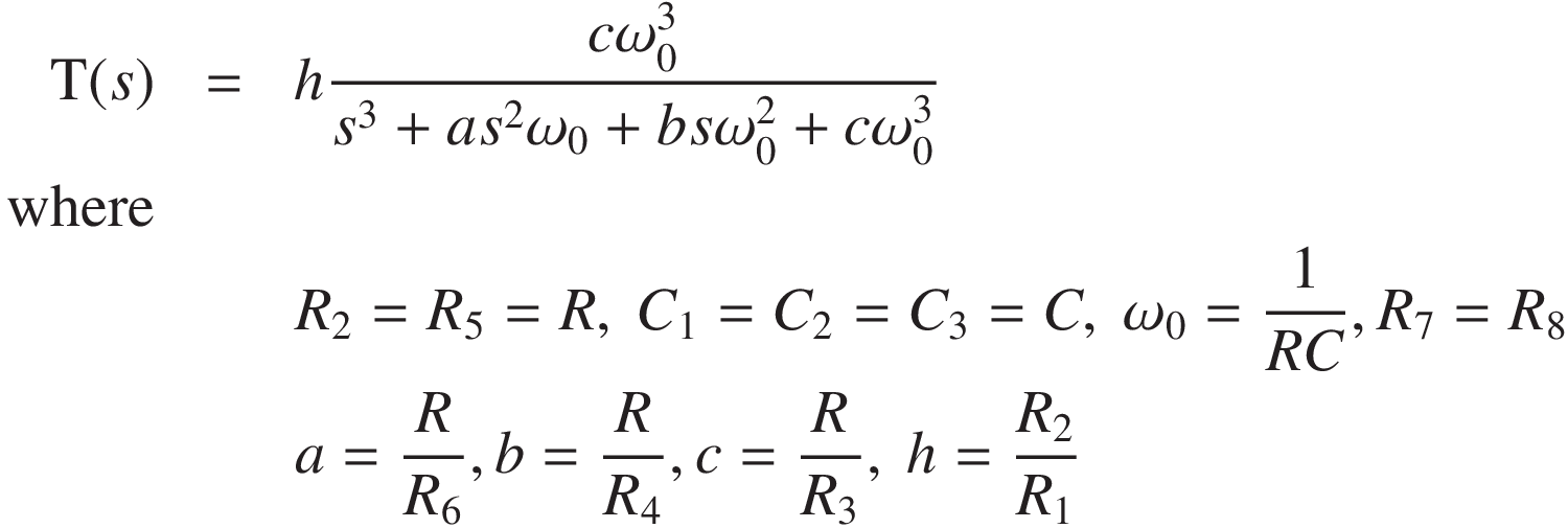 
 \mathrm{T}(s) &=& h  \frac{\omega_0^3}{s^3 + a  s^2 \omega_0 + b  s  \omega_0^2 + c  \omega_0^3}\\
\text{where}\\
&& R_2 = R_5 = R,\ C_1 = C_2 = C_3 = C,\ \omega_0 = \frac{1}{RC}, R_7 = R_8\\
&& a = \frac{R}{R_6}, b = \frac{R}{R_4}, c = \frac{R}{R_3},\ h = \frac{R_2}{R_1}
