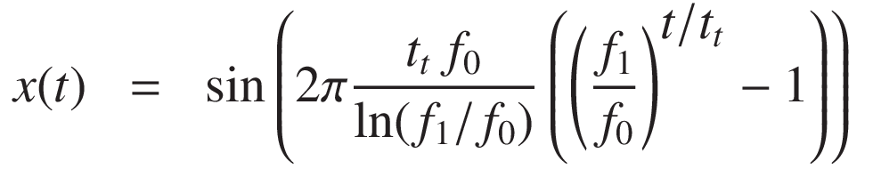 
x(t) &=& \sin\left( 2\pi \frac{t_t\, f_0}{\ln(f_1/f_0)} \left( \left(\frac{f_1}{f_0}\right)^{\displaystyle{t/t_t}} - 1 \right) \right)
